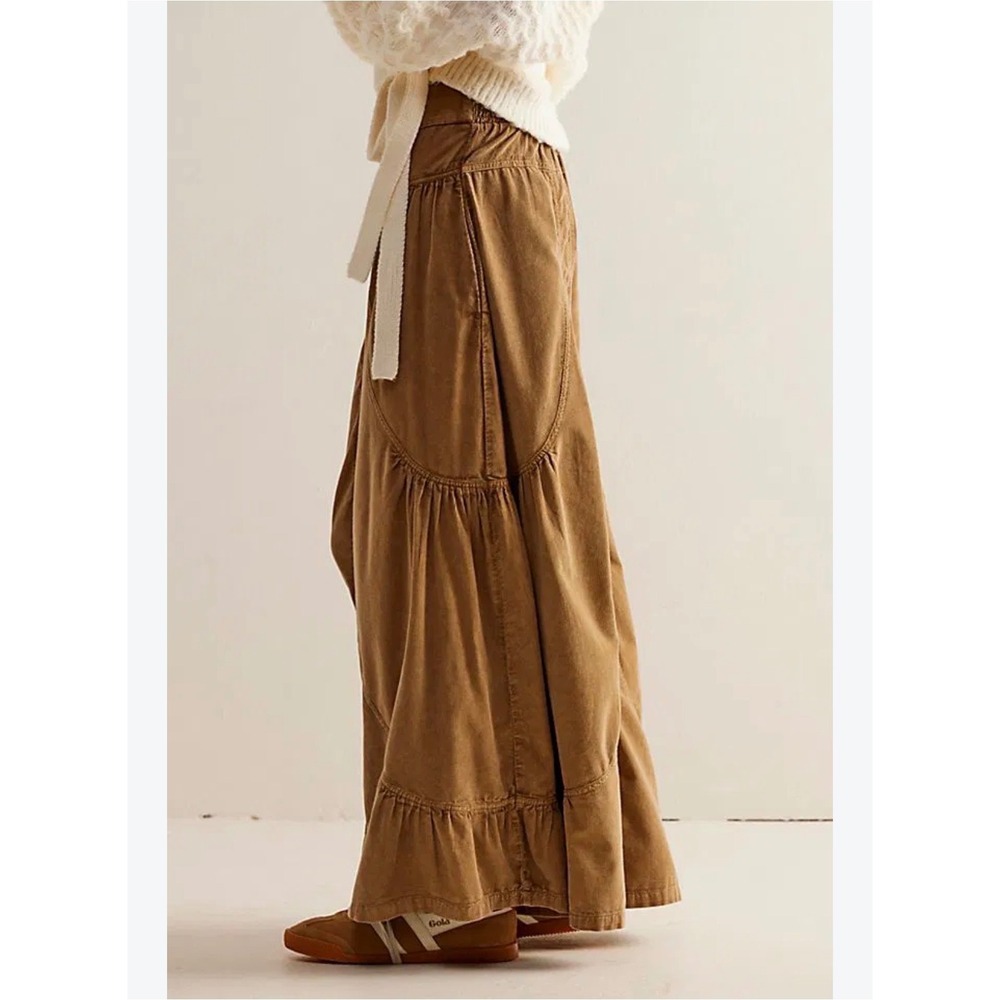 Easel Ria Flare Cord Pant Camel Brown Tiered Wide Leg Corduroy EB90058 Large